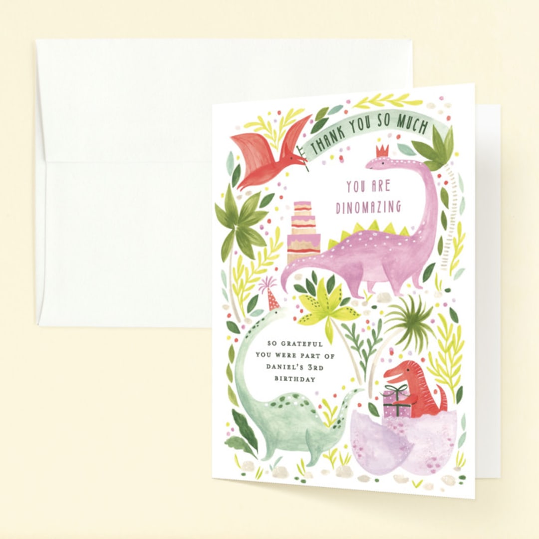"Party Dinos" - Children's Birthday Party Thank You Cards in Forest by Sarah Knight - Front