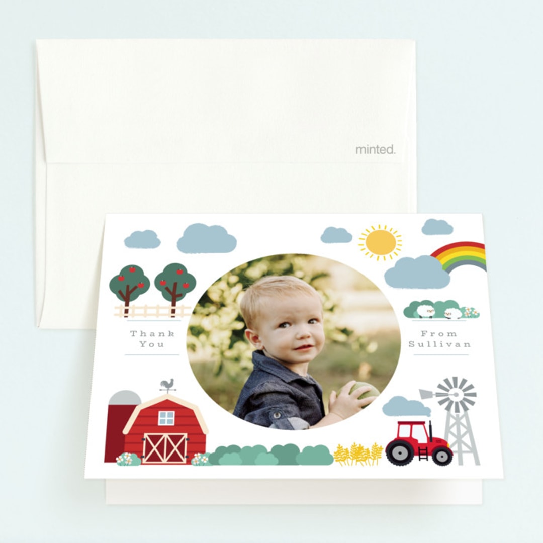 "Down by the farm" - Children's Birthday Party Thank You Cards in Rainbow by Hudson meet Rose - Front