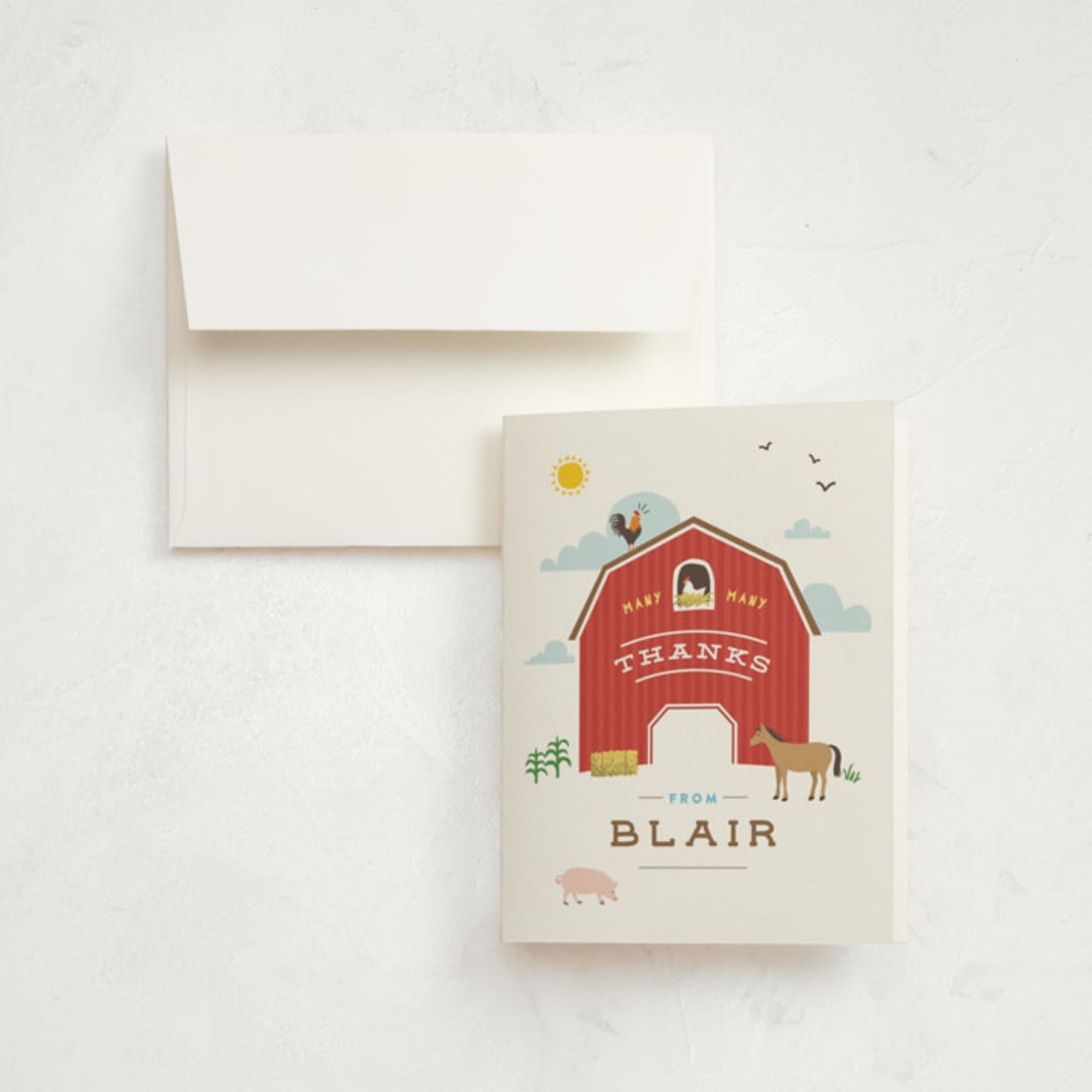 "Big Red Barn" - Children's Birthday Party Thank You Cards in Barn by Jennifer Wick - Front