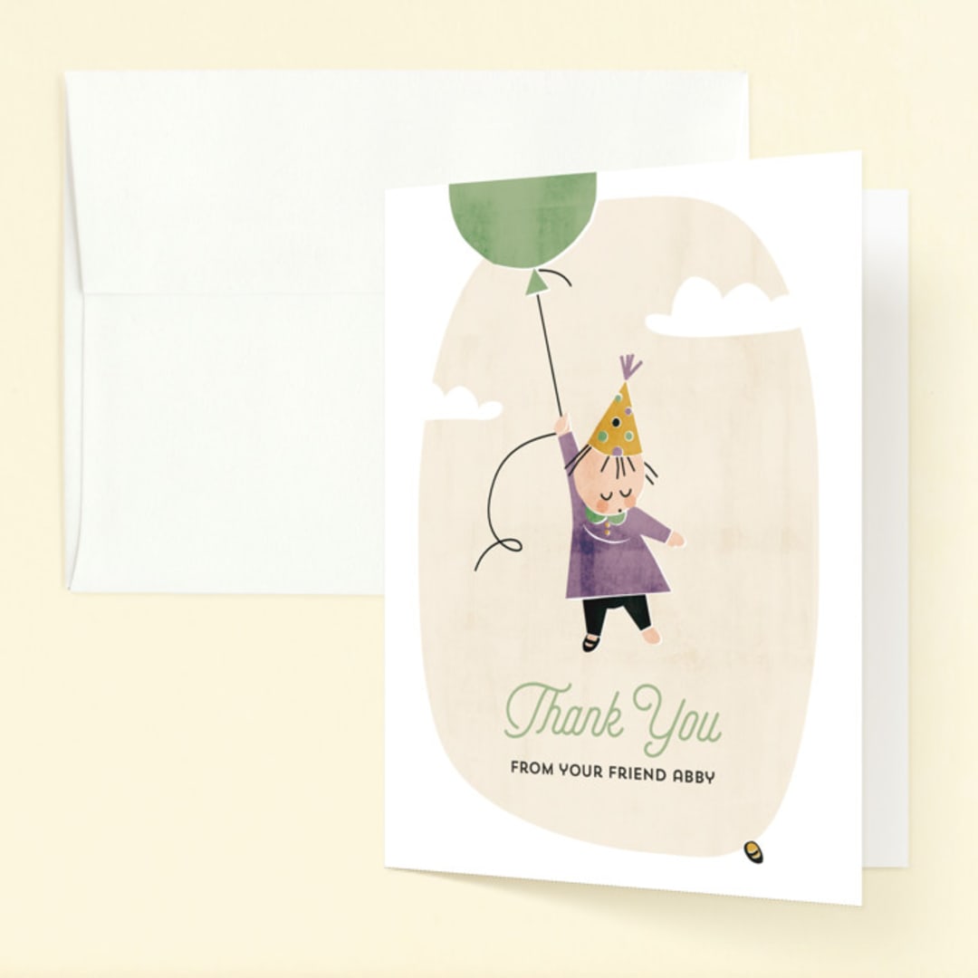 "First Balloon" - Children's Birthday Party Thank You Cards in Lavender by Karen Glenn - Front