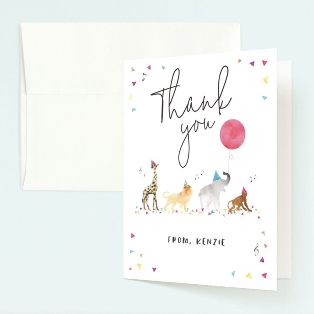 "Party Animals Marching to the Music" - Children's Birthday Party Thank You Cards in Gumdrops by Maggie Maeve - Front