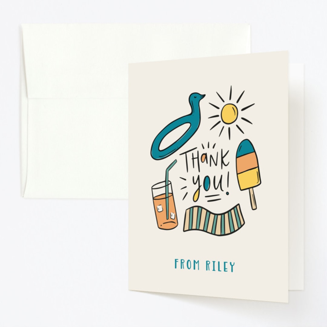 "It's a Pool Party" - Children's Birthday Party Thank You Cards in Poolside by Kristen Knechtel - Front