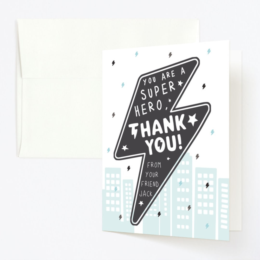 "Calling All Superheroes" - Children's Birthday Party Thank You Cards in Captain by Maggie Maeve - Front