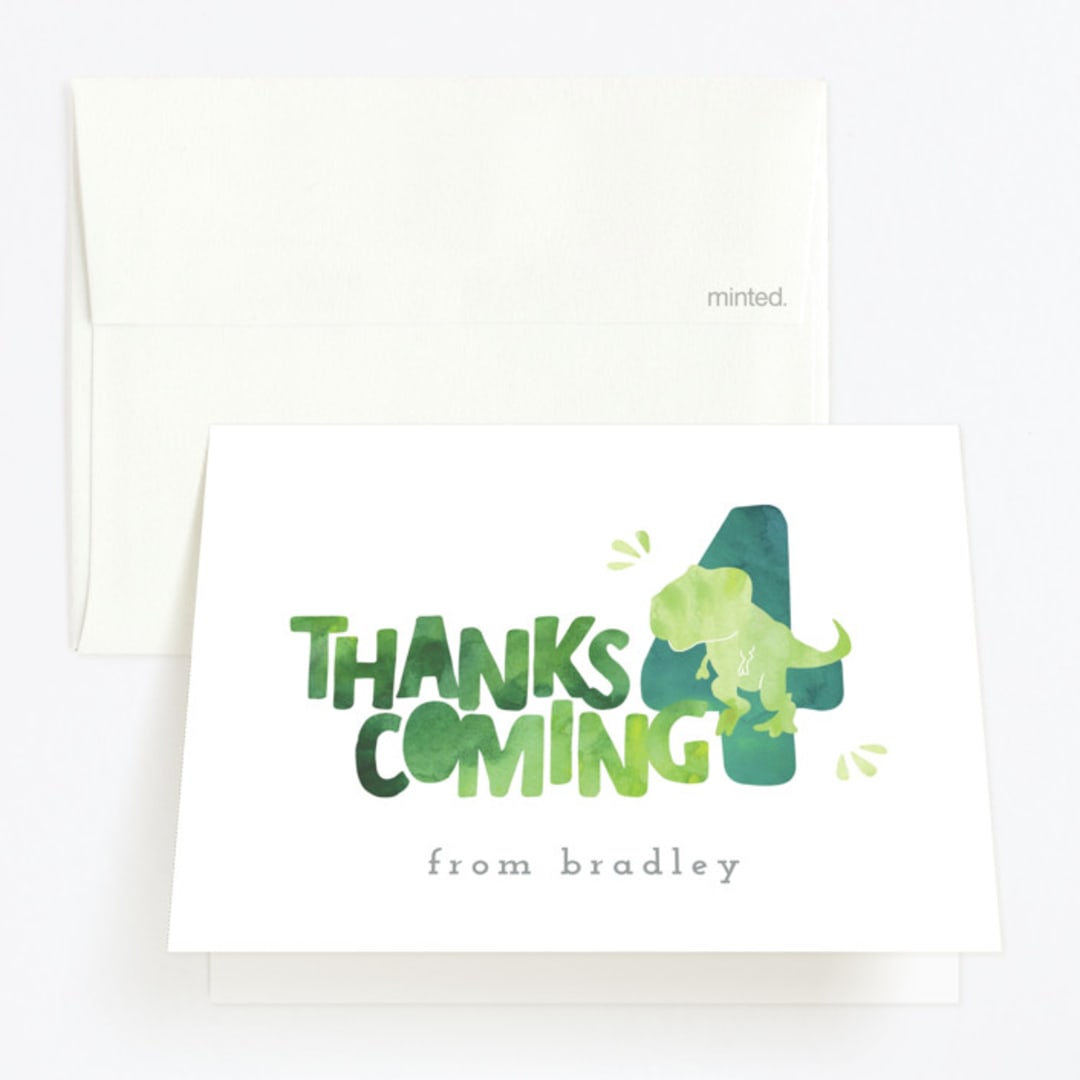 "Dino Party" - Children's Birthday Party Thank You Cards in Lime by Cindy Denning - Front