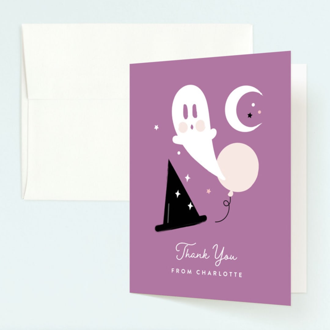 "Little Boo" - Children's Birthday Party Thank You Cards in Cotton Candy by Corinne Malesic - Front
