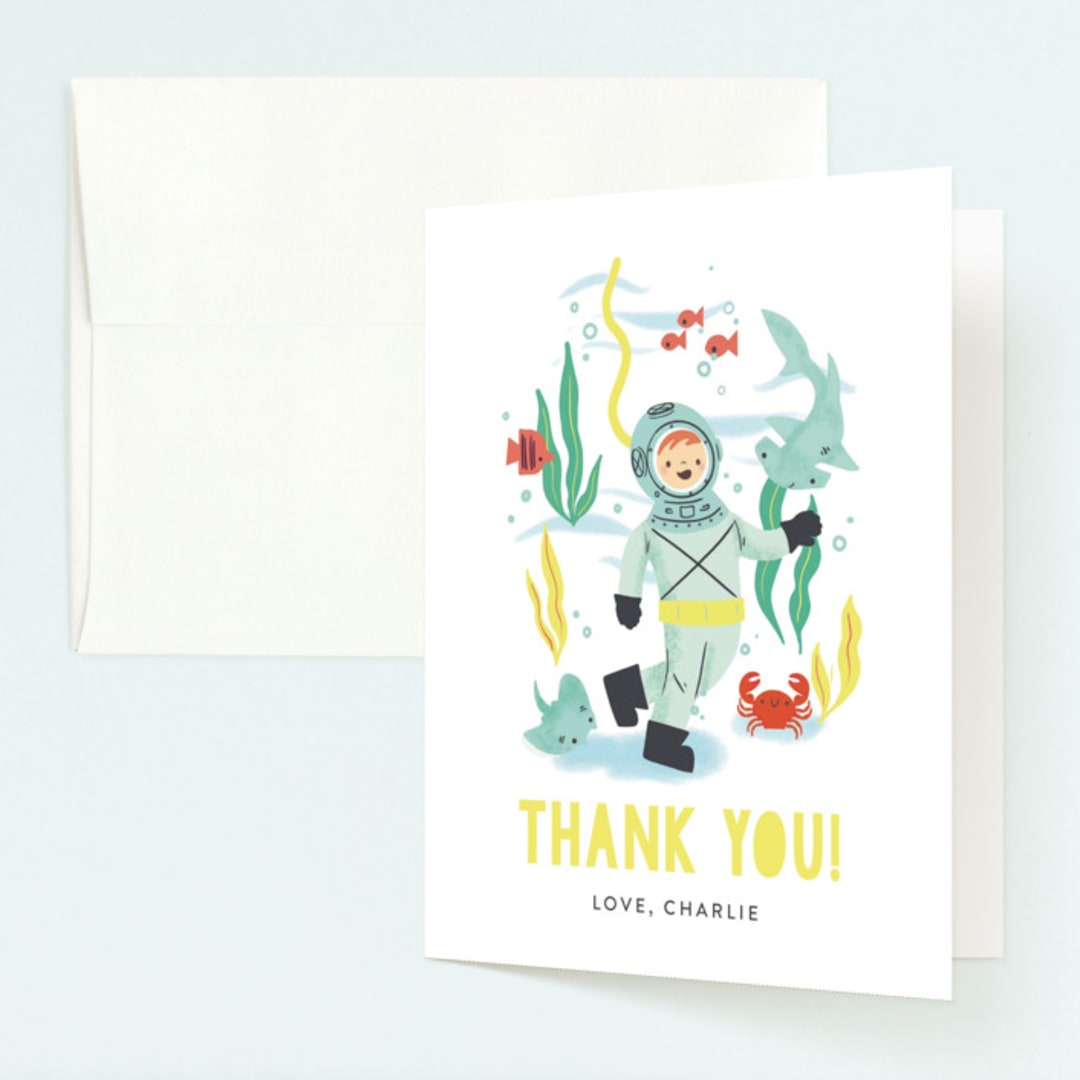 "Deep Dive" - Children's Birthday Party Thank You Cards in Sea Green by Itsy Belle Studio - Front