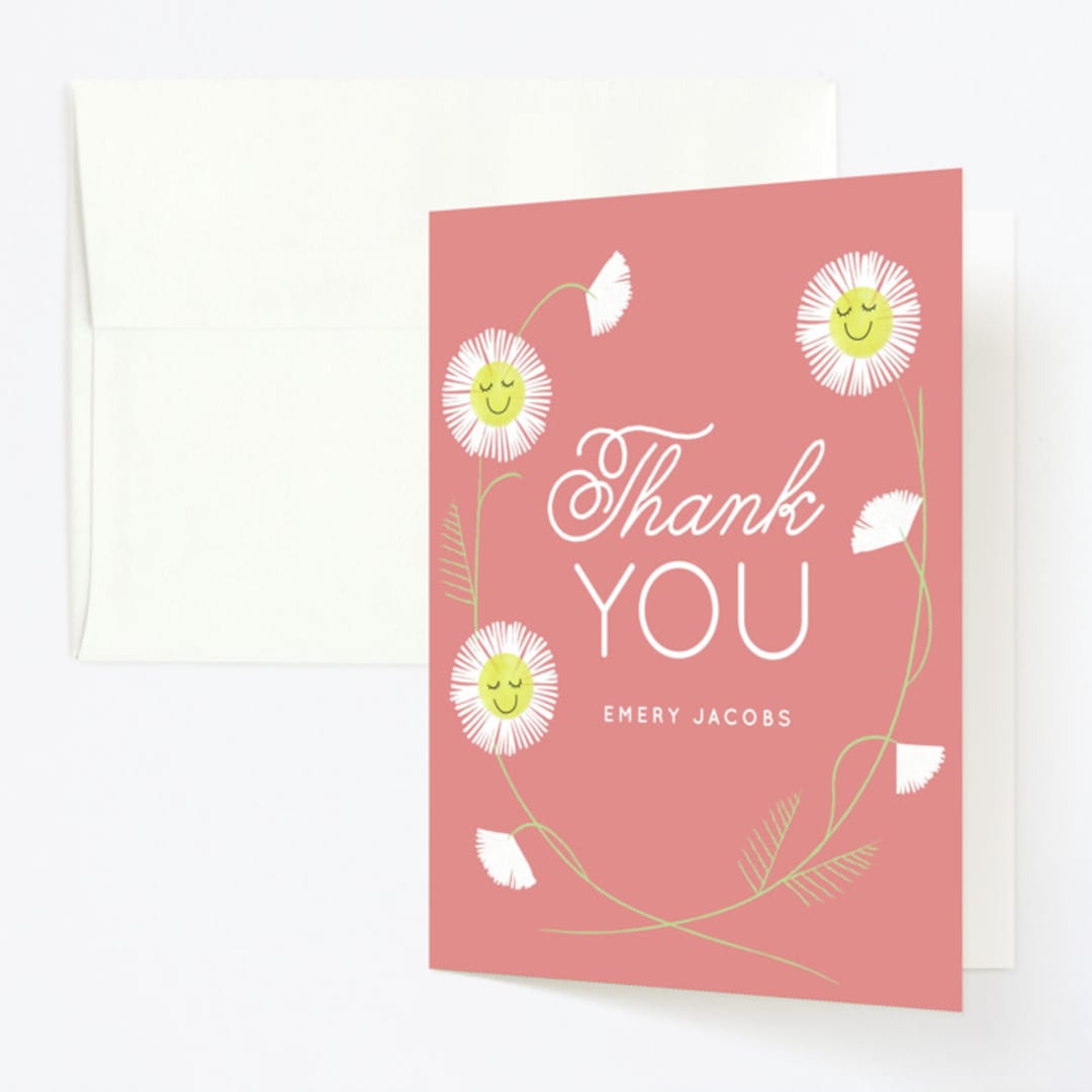 "Daisy Smiles" - Children's Birthday Party Thank You Cards in Petal by Baumbirdy - Front