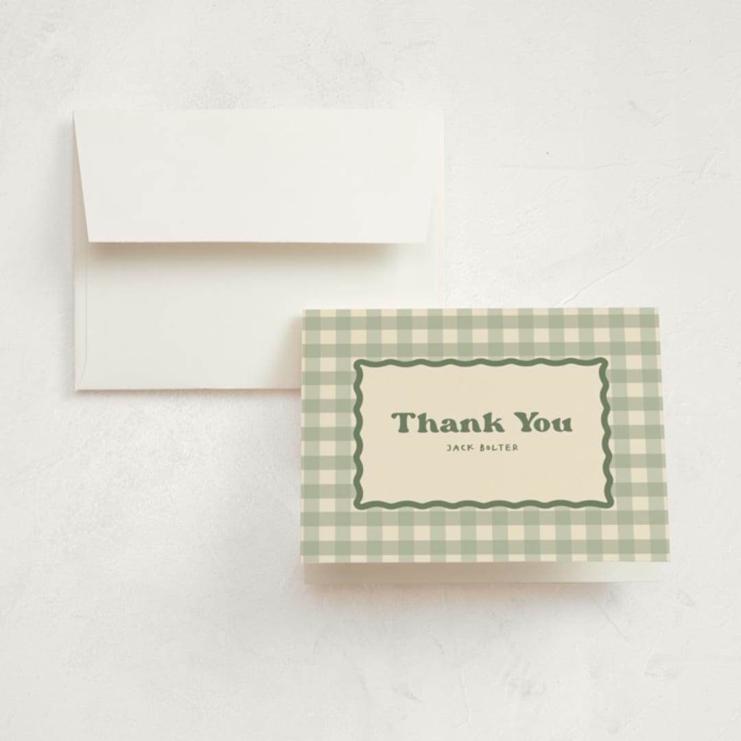 "One Happy Camper" - Children's Birthday Party Thank You Cards in Sage by Creo Study - Front