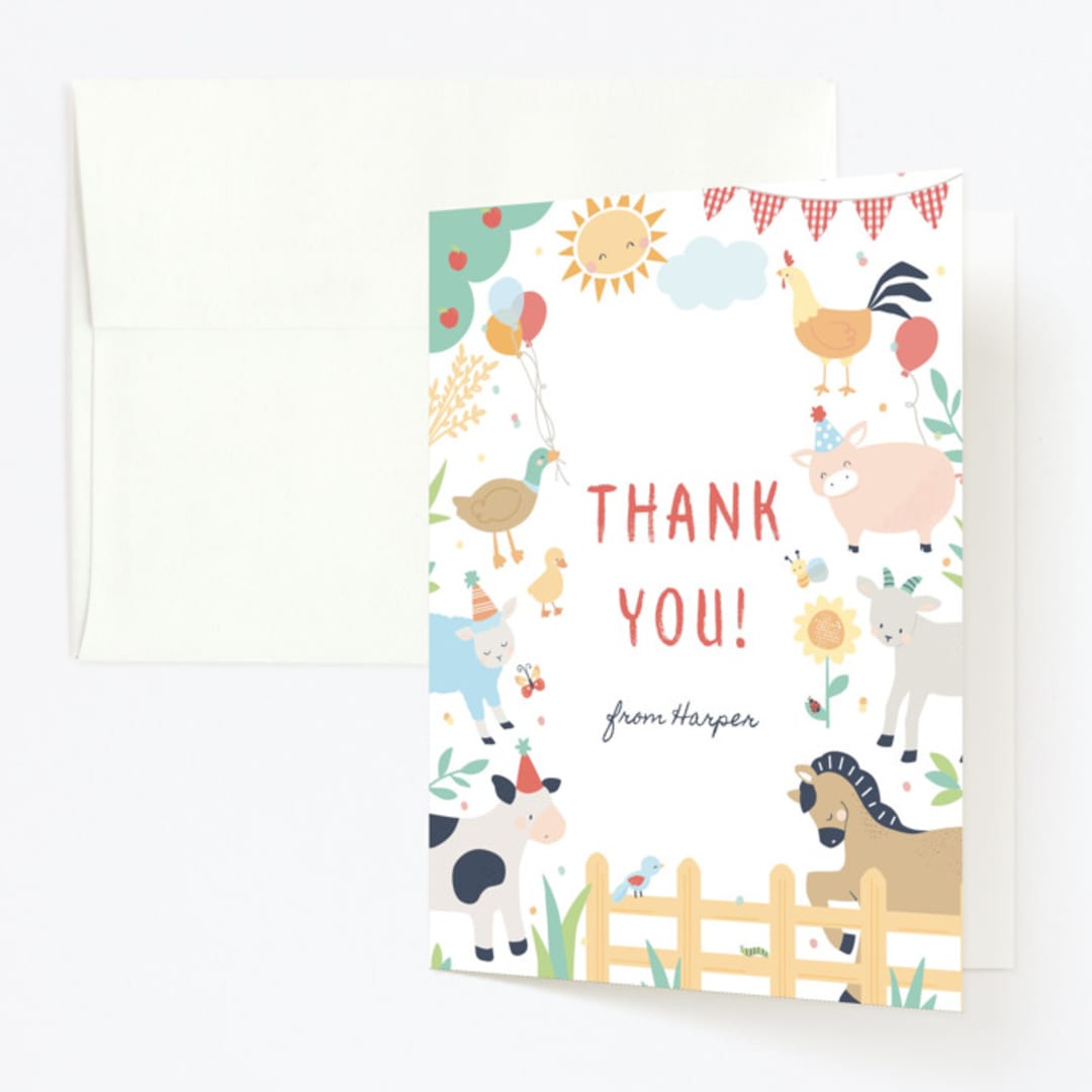 "barnyard fun" - Children's Birthday Party Thank You Cards in Barn by peetie design - Front