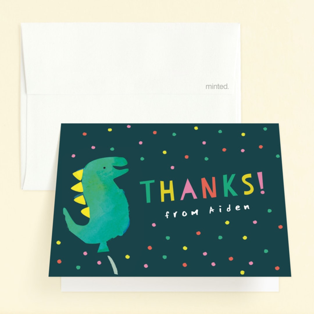 "Dinosaur Balloon" - Children's Birthday Party Thank You Cards in Teal by Lori Wemple - Front