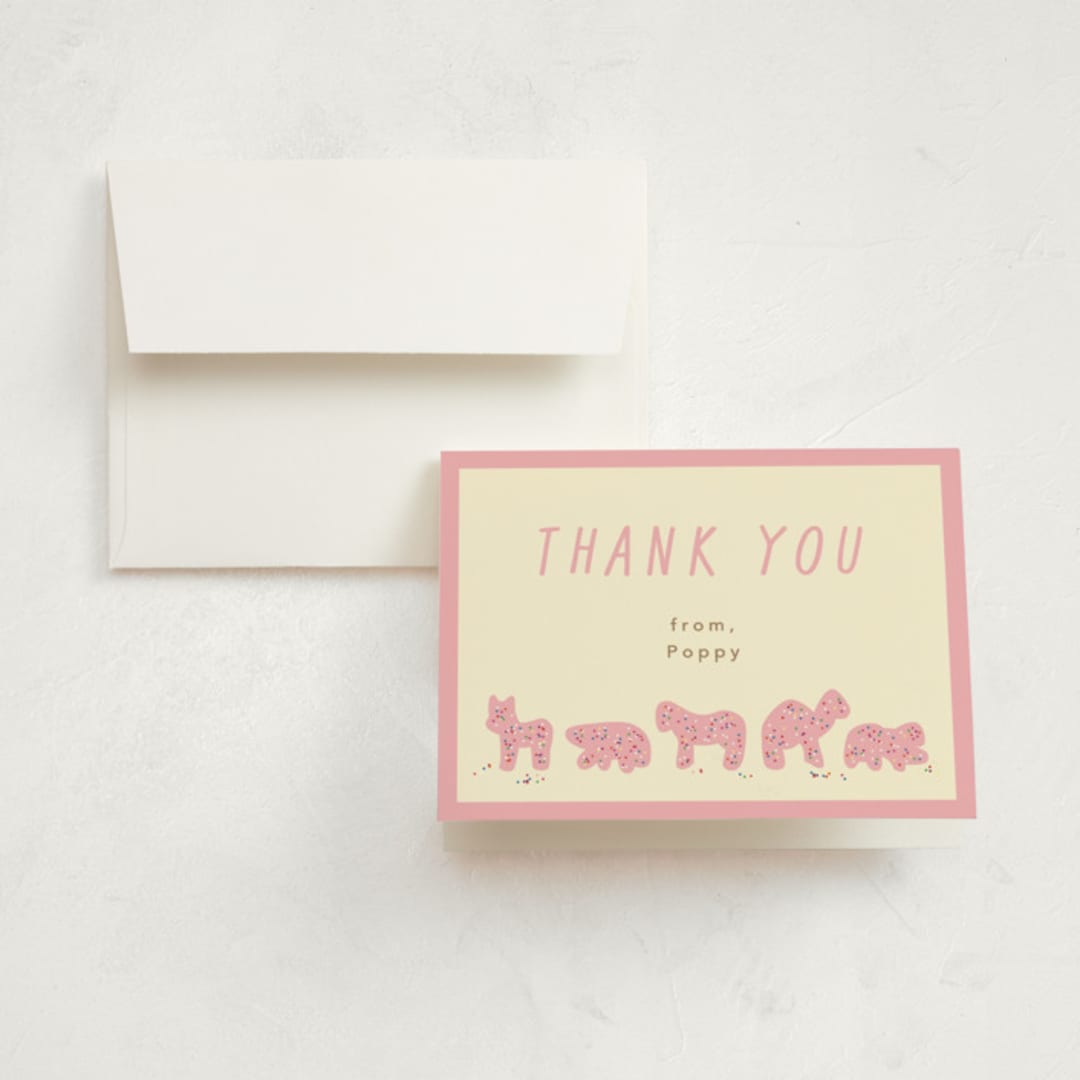 "Animal Cracker Parade" - Children's Birthday Party Thank You Cards in Pink Sugar by Jennifer Postorino - Front