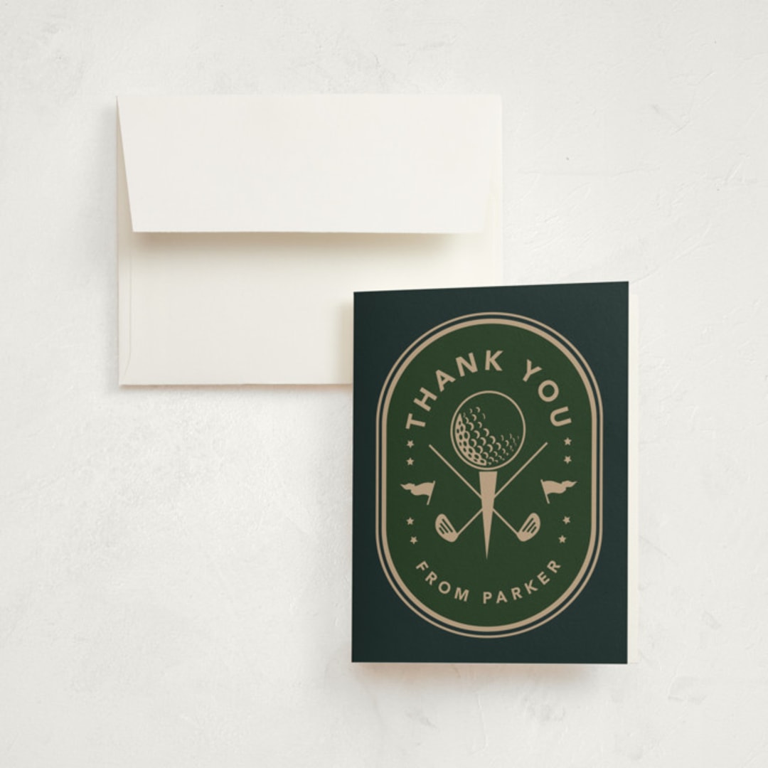 "Par-Tee" - Children's Birthday Party Thank You Cards in Evergreen by Susan Zinader - Front