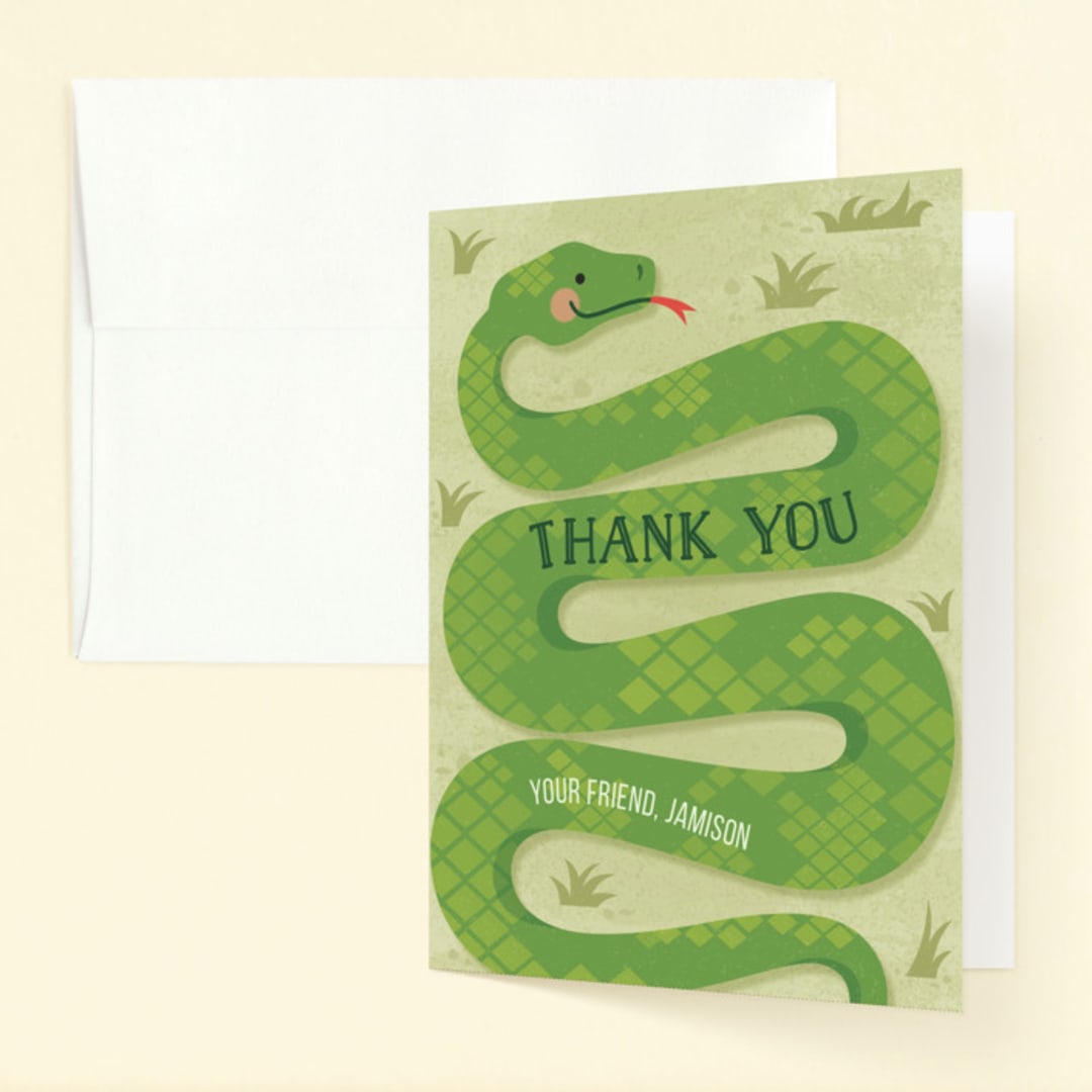 "Slithering Snake" - Children's Birthday Party Thank You Cards in Grass by Jessica Ogden - Front