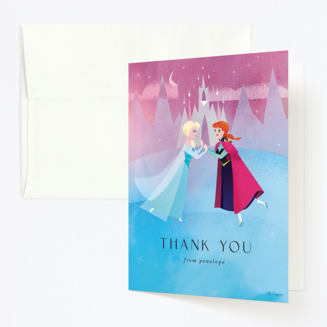 "Elsa and Anna from Disney's Frozen" - Children's Birthday Party Thank You Cards in Twilight by Lori Wemple - Front