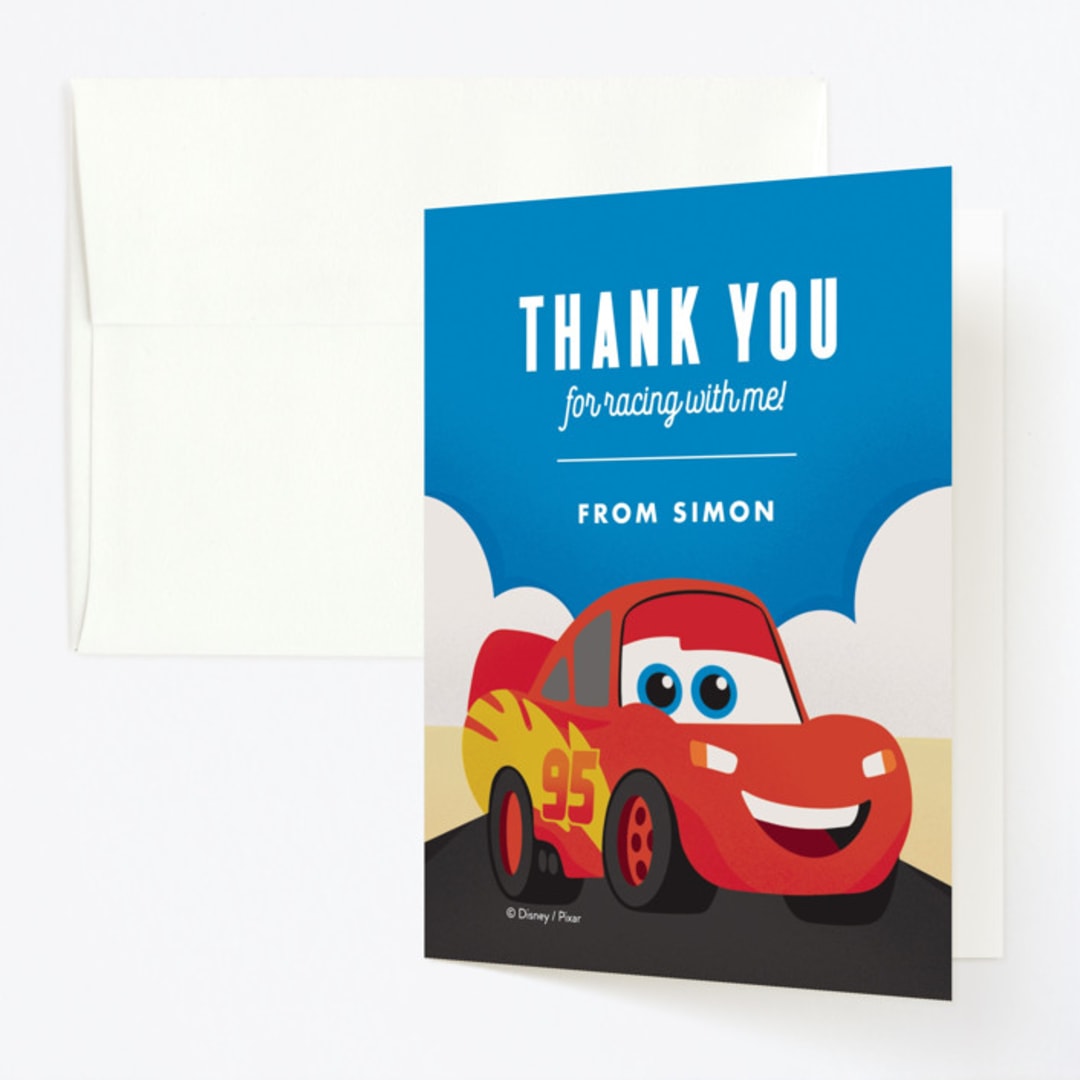 "Disney and Pixar's Cars Kachow" - Children's Birthday Party Thank You Cards in Sky by Carly Reed Walker - Front
