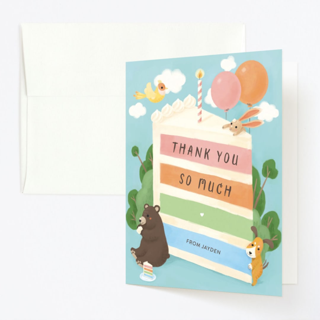 "Cake Party" - Children's Birthday Party Thank You Cards in Sky by Shannon Chen of Four Wet Feet Studio - Front