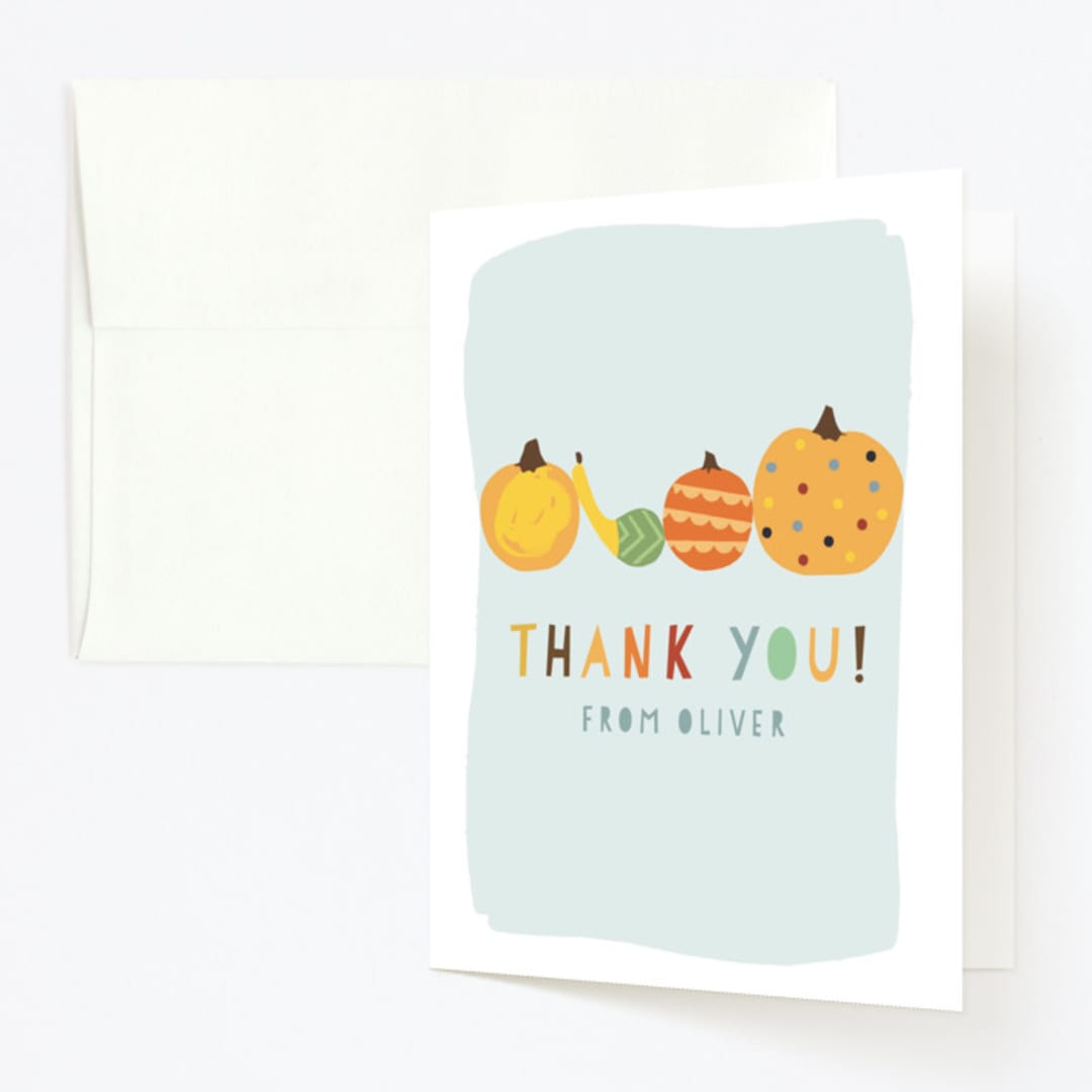 "Pumpkin Party" - Children's Birthday Party Thank You Cards in Sky by Michelle Shanaman - Front