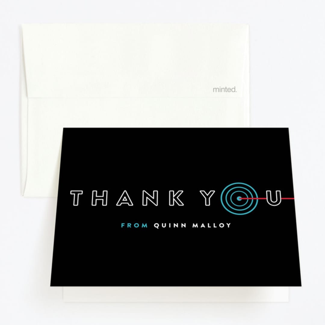 "Laser Target" - Children's Birthday Party Thank You Cards in Electric Blue by Melissa Egan of Pistols - Front