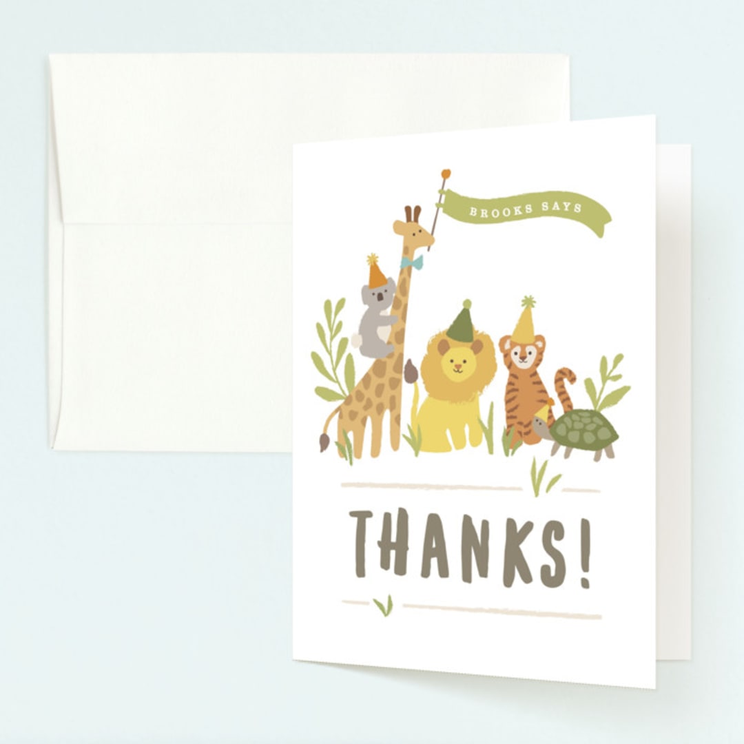 "Animals on parade" - Children's Birthday Party Thank You Cards in Pear by Jennifer Wick - Front
