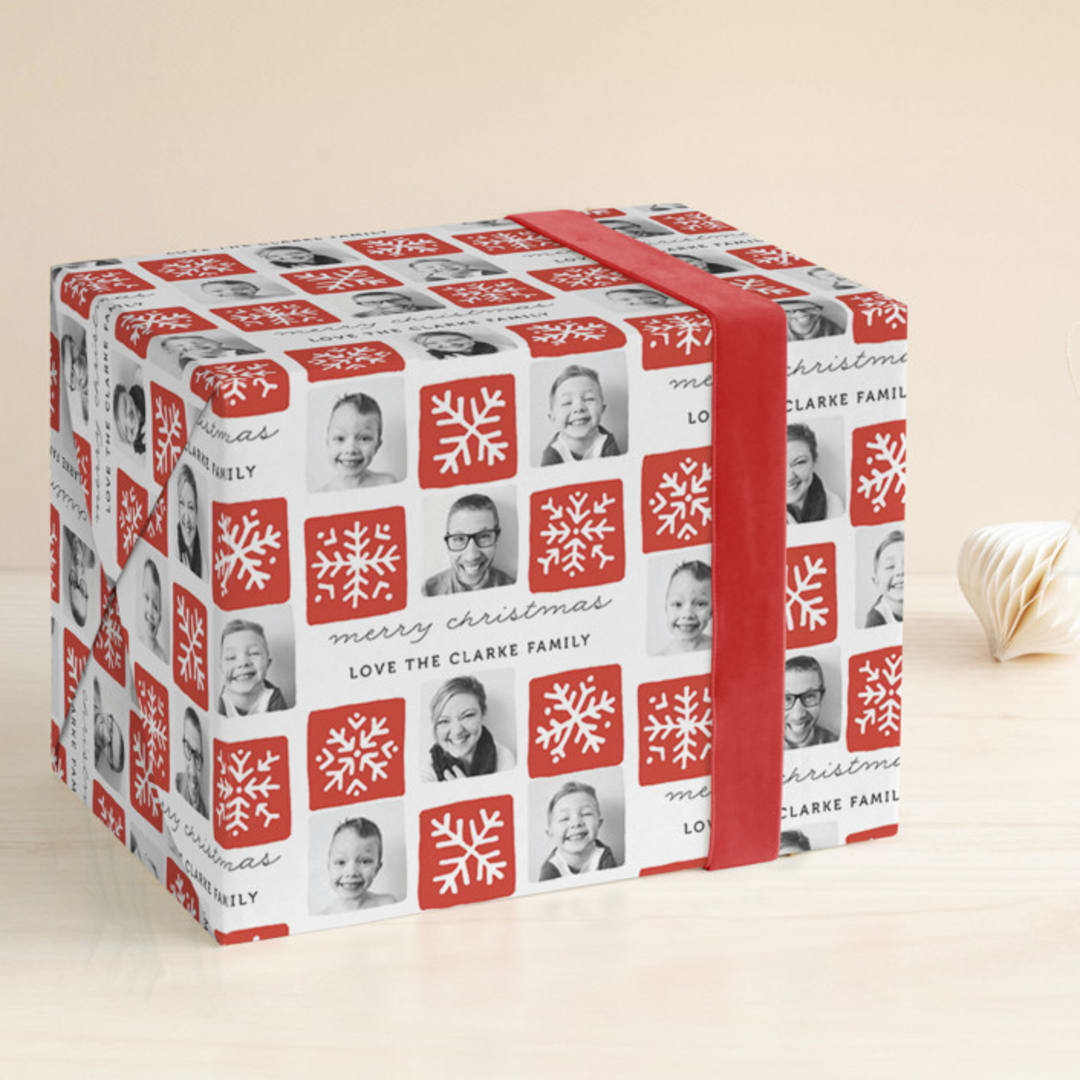 "Snowflake Squares" - Personalized Wrapping Paper in Crimson by Kelly Nasuta - Front