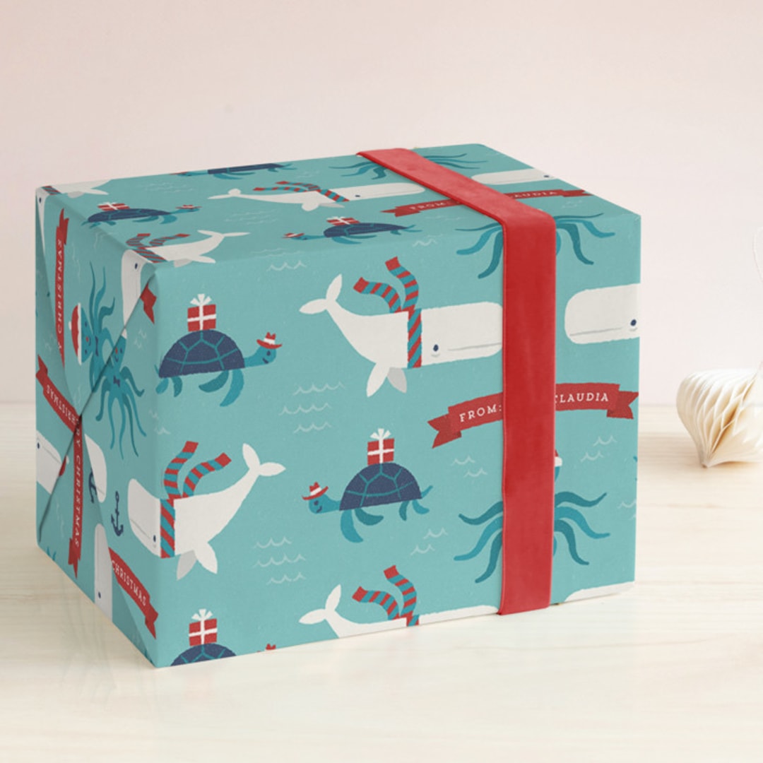 "Under The Sea Christmas" - Personalized Wrapping Paper in Turquoise by Bob Daly - Front