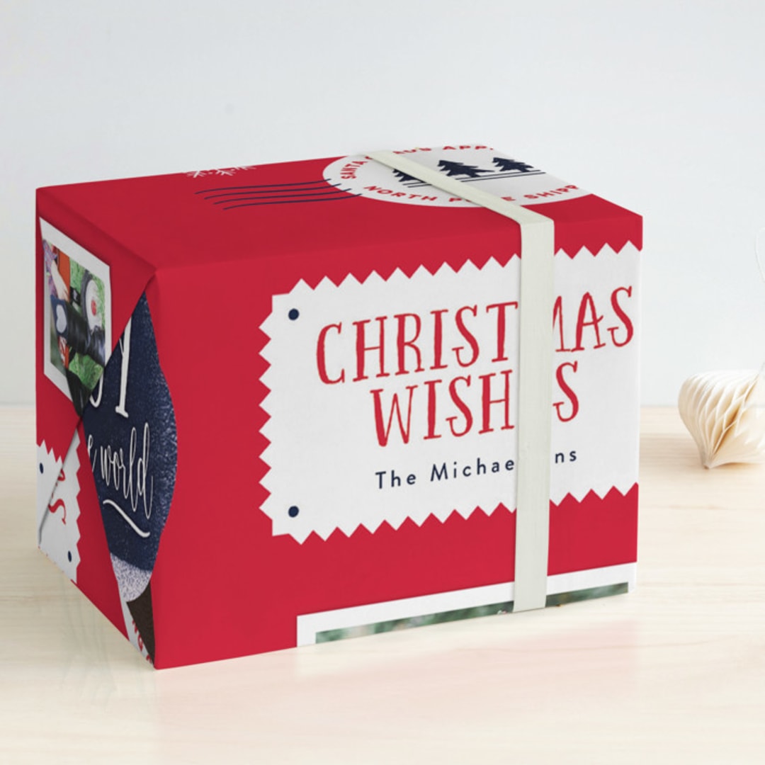 "Snow Globe Wishes" - Personalized Wrapping Paper in Candy Cane by Kelly Nasuta - Front