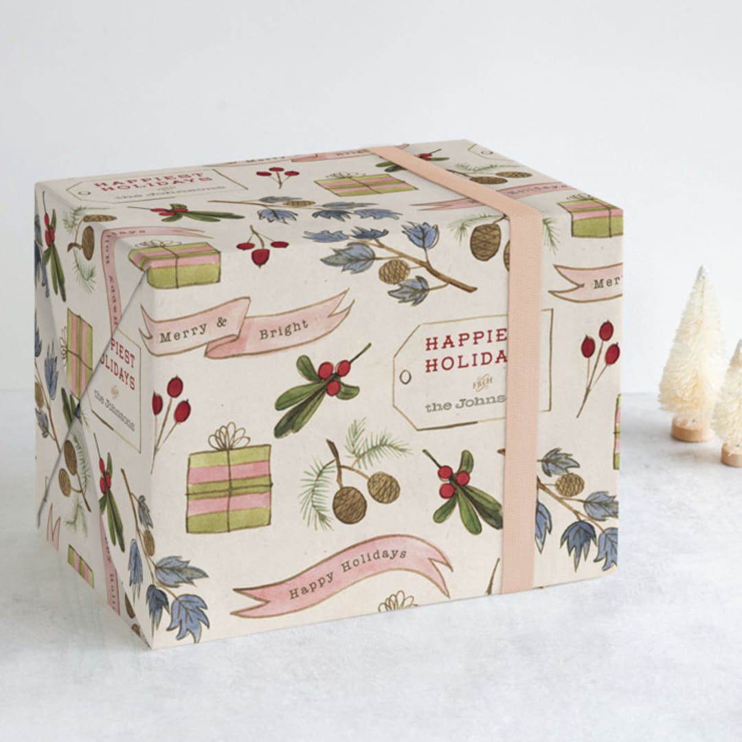 "Vintage Watercolor" - Personalized Wrapping Paper in Natural by Shannon Chen of Four Wet Feet Studio - Front