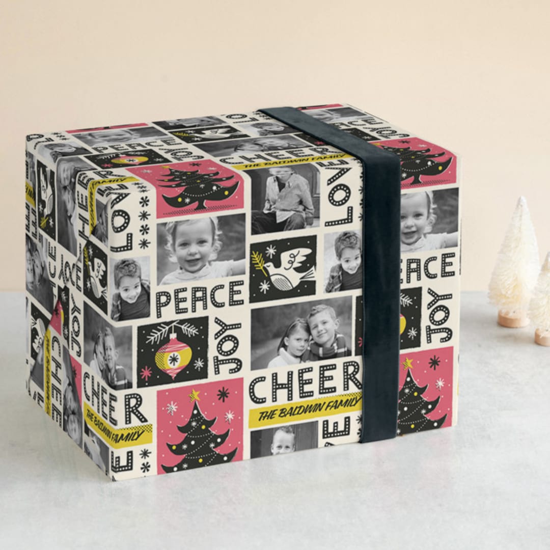 "Retro Album" - Personalized Wrapping Paper in Flamingo by Nam Bourassa - Front