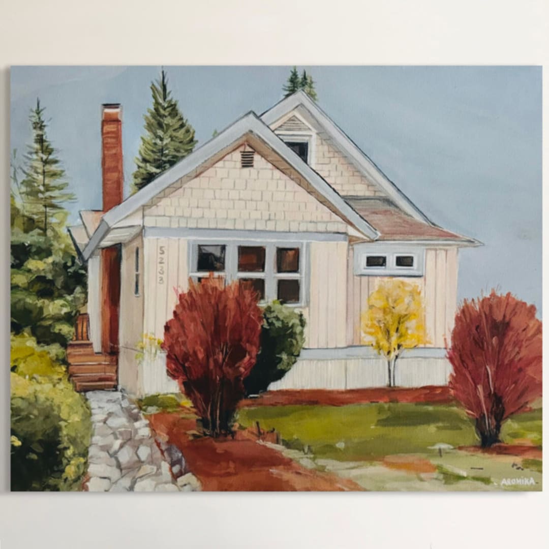 "House Portrait, 11 X 14, Custom Painting on Canvas" - Commissioned Original Painting in multicolorassorted-colors by Arohika Verma