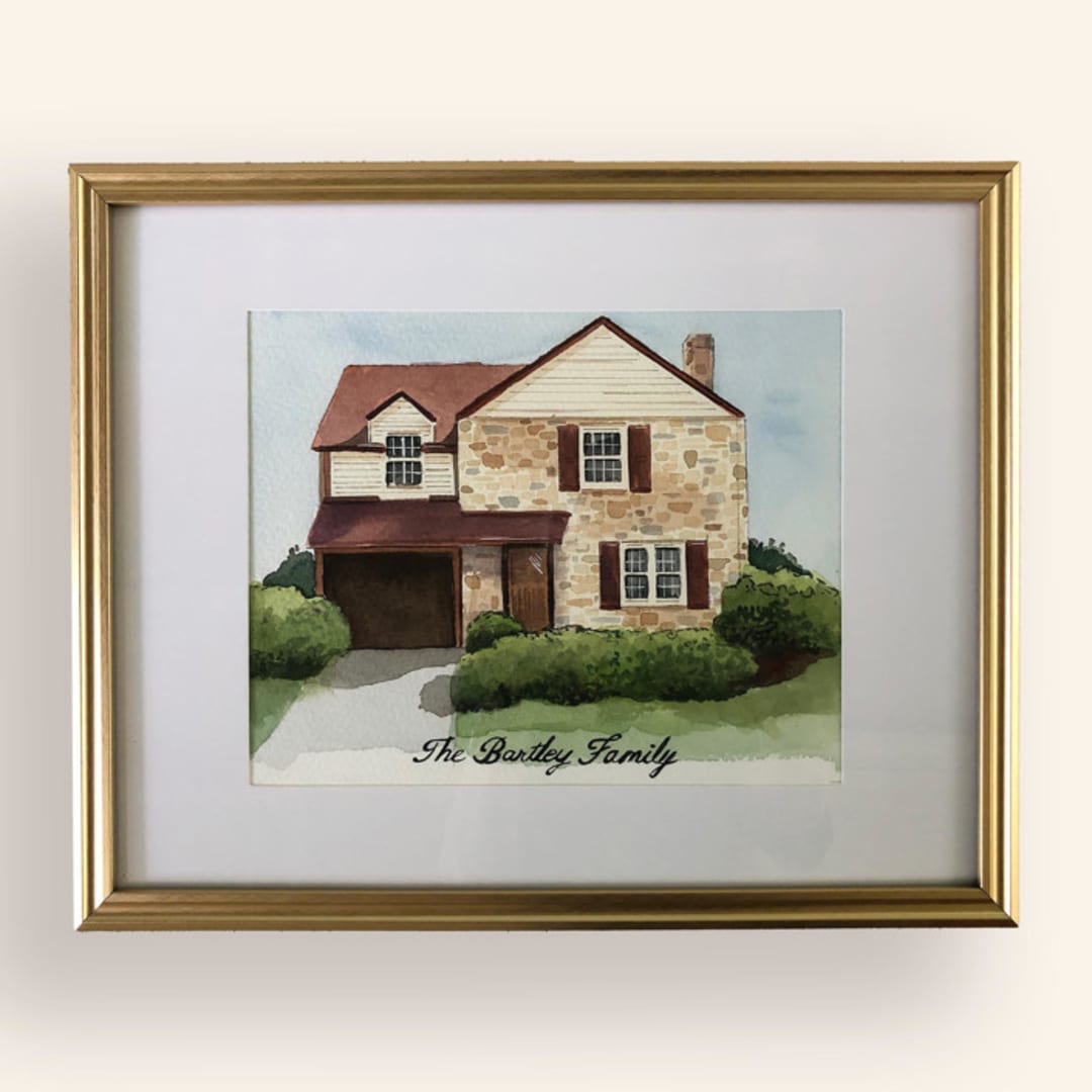 "Custom Commissioned Home/Building Watercolor with Customized Text, 8x10 in., Painting Commission" - Commissioned Original Painting in multicolorassorted-colors by Lisa Travis