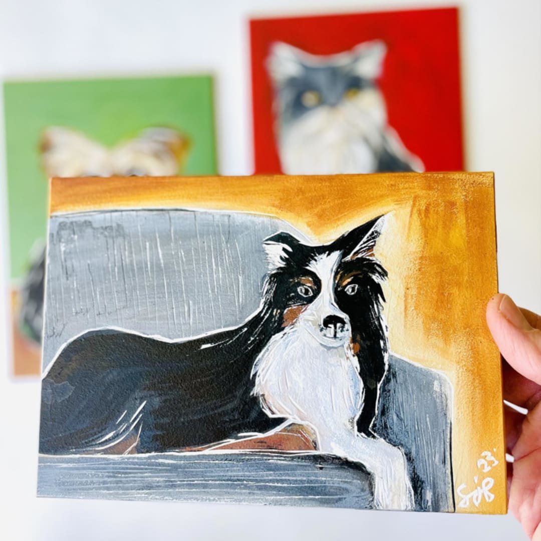 "Custom Pet Portrait 5 x 7." - Commissioned Original Painting in multicolor by Sarah Fitzgerald