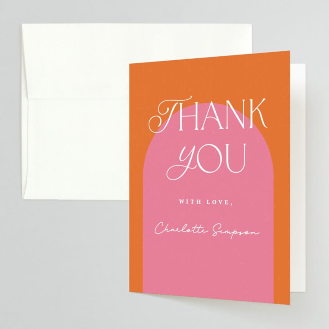 "Color Block Arch" - Bachelorette Party Thank You Cards in Tangerine by Maria Alou - Front