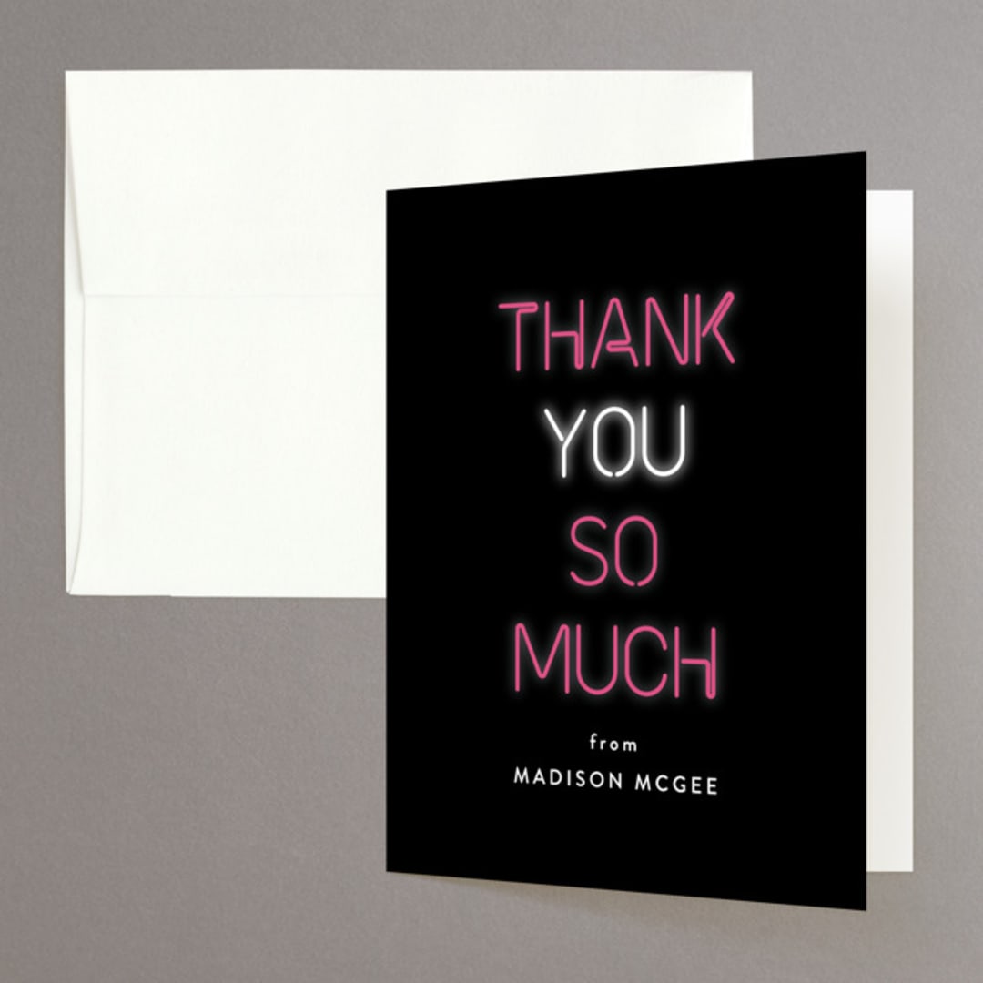 "Neon Lights" - Bachelorette Party Thank You Cards in Tuxedo by Jennifer Postorino - Front