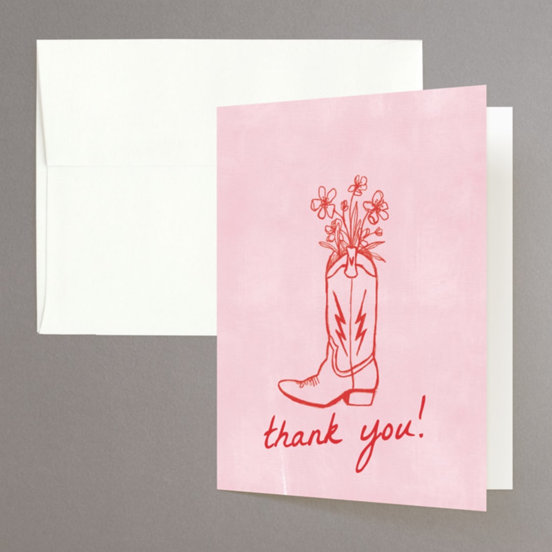 "Party Boots" - Bachelorette Party Thank You Cards in Strawberry by Erin Kessler - Front