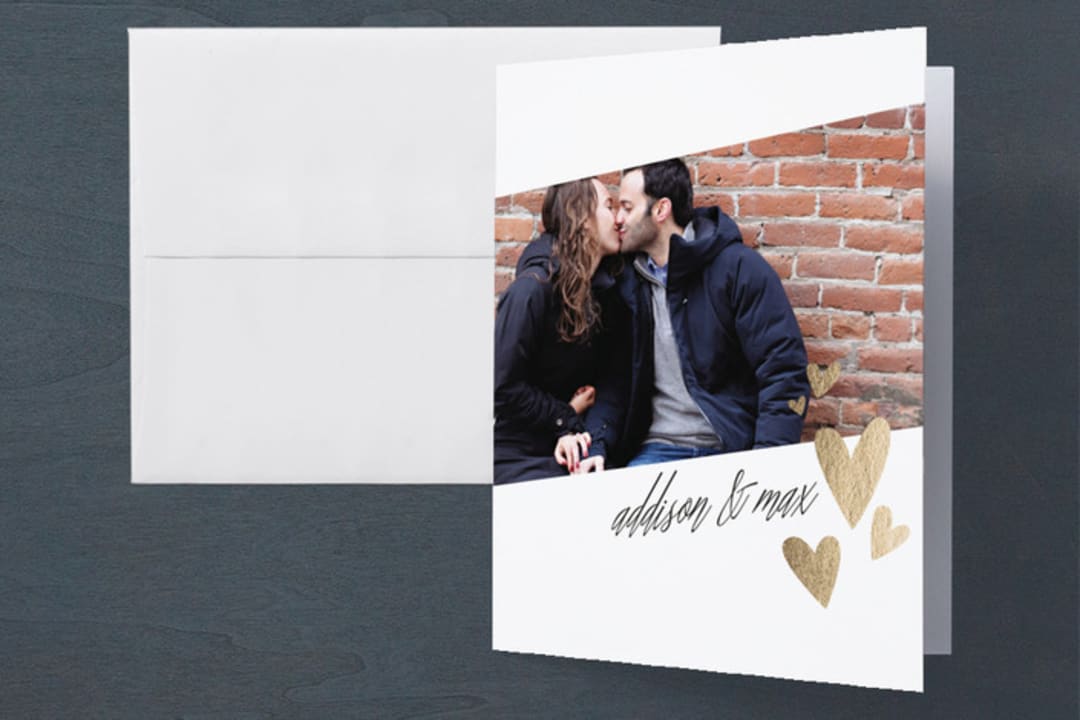 "Floating Hearts" - Engagement Party Thank You Cards in Gold by Erin Deegan - Front