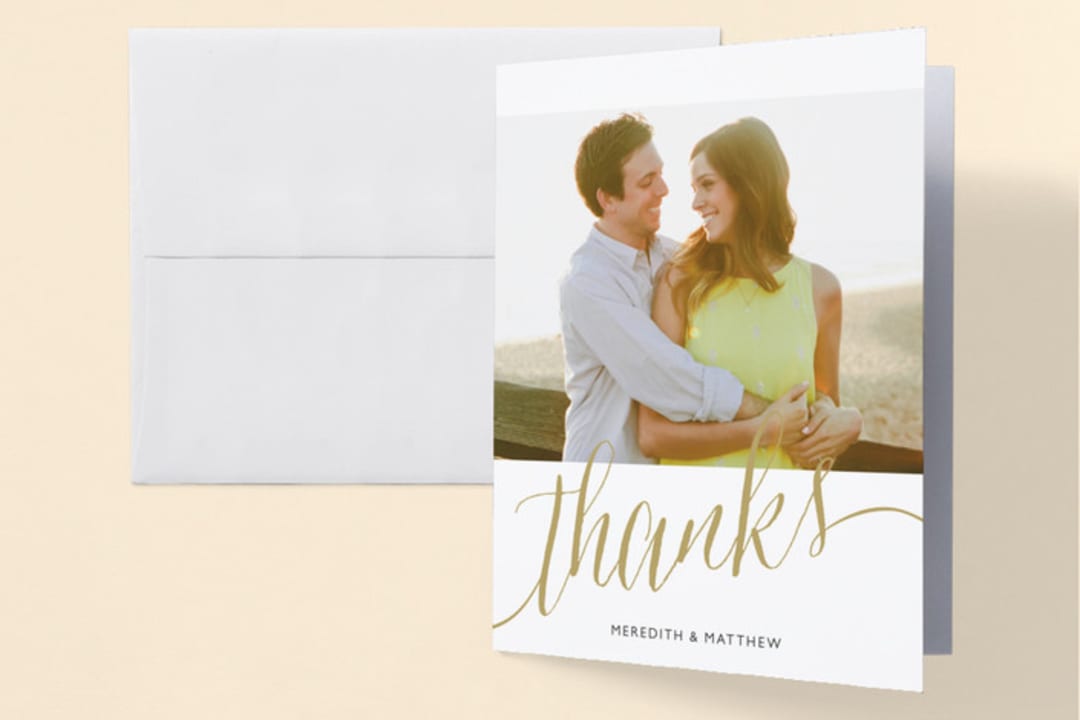 "Raise A Glass" - Engagement Party Thank You Cards in Gold by Erin Deegan - Front