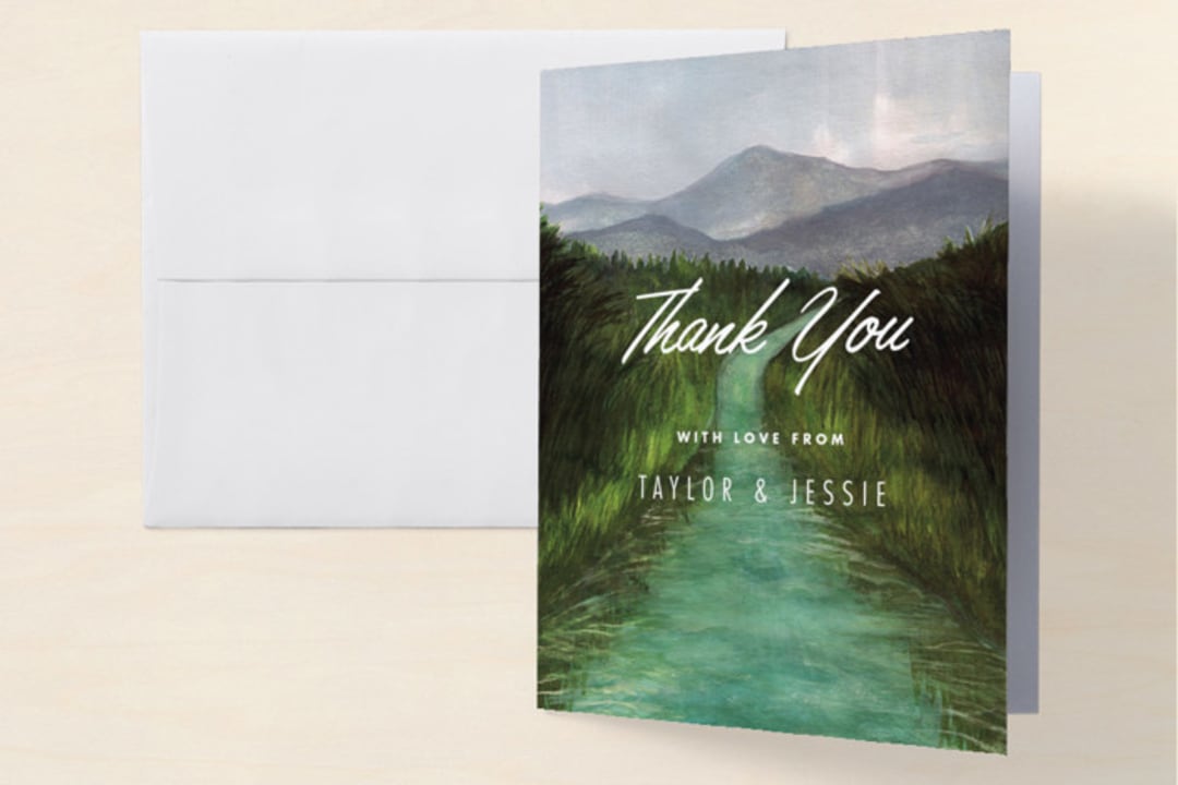 "Adventure Awaits" - Engagement Party Thank You Cards in Forest by Elly - Front