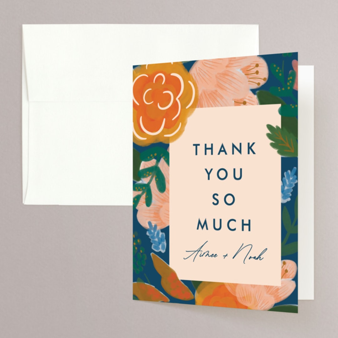 "Floral Whimsy" - Engagement Party Thank You Cards in Indigo by Corie Page - Front