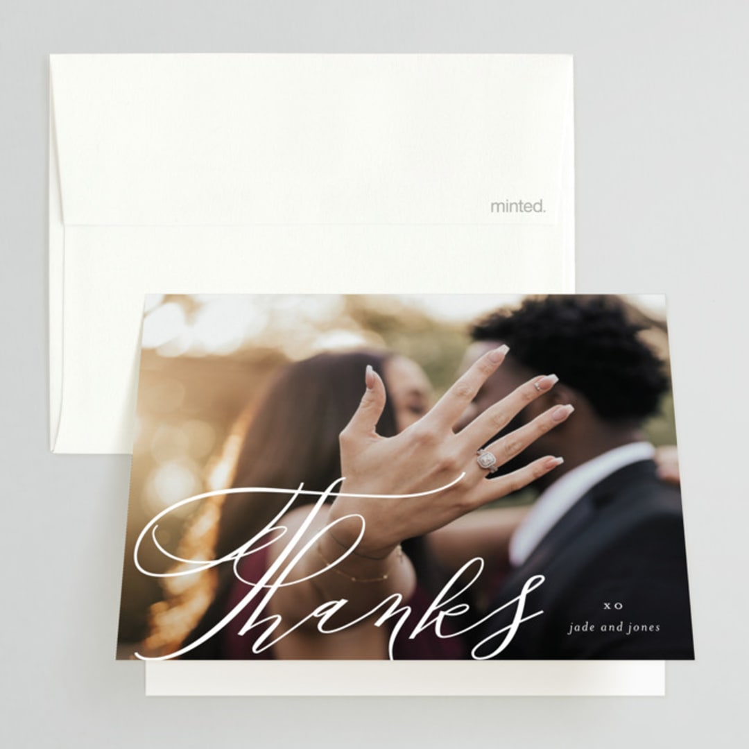 "Engaged" - Engagement Party Thank You Cards in Snow by Lori Wemple - Front