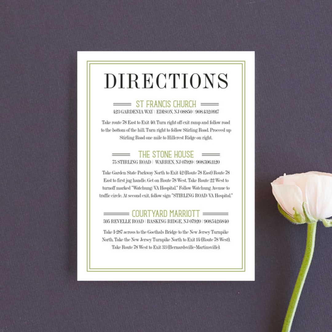 "Wed in Type" - Direction Cards in Moss by Ariel Rutland - Front