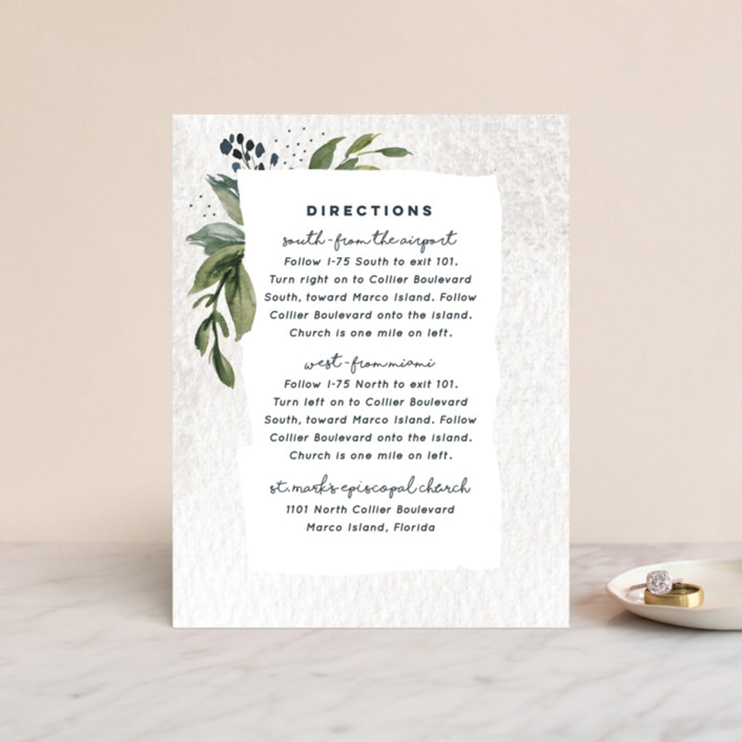 "Euca On A Whim" - Direction Cards in Navy by Palm Bridal - Front