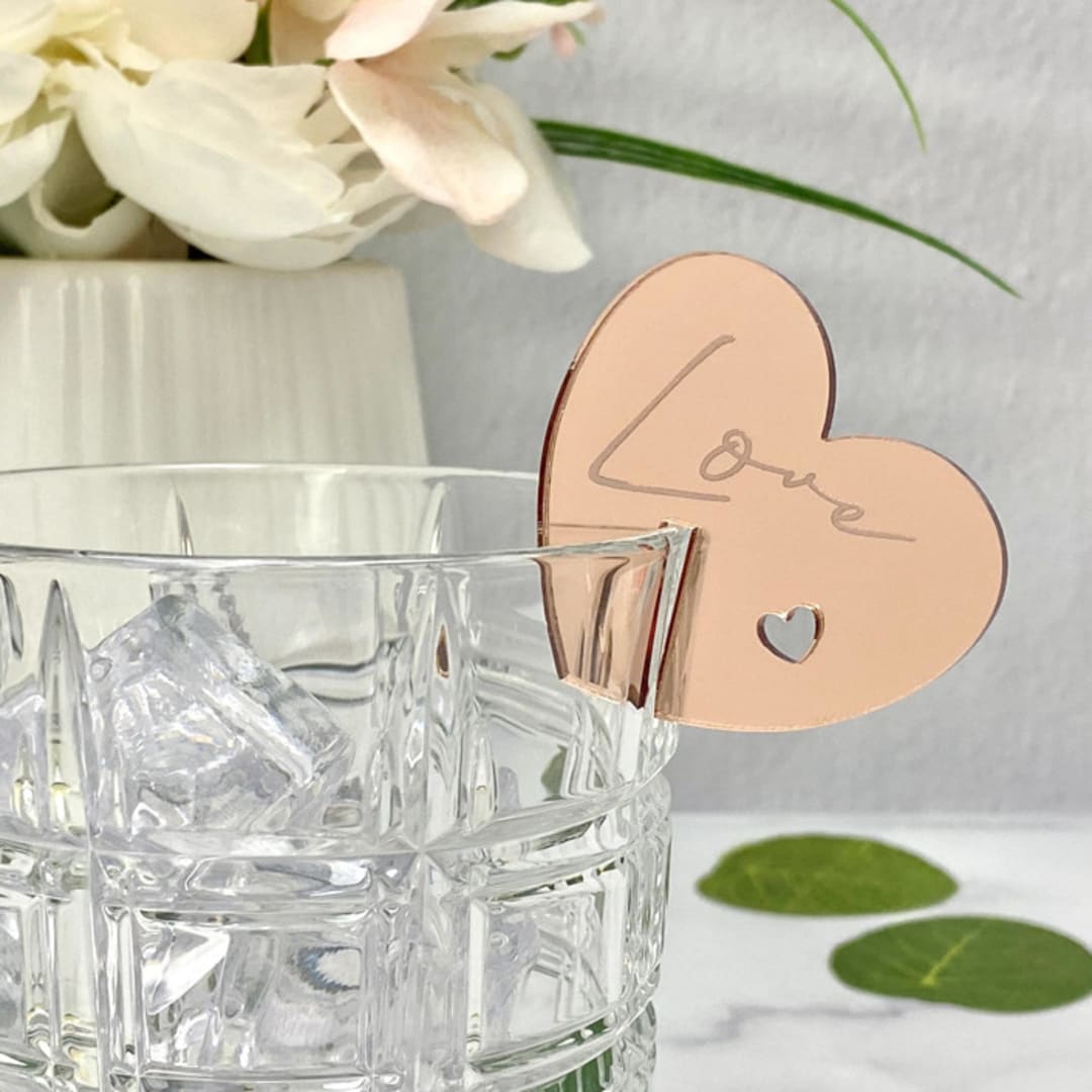 Engraved "Love" Heart Stemless Stirs/Drink Charms - Rose Gold Mirror (Set of 10)