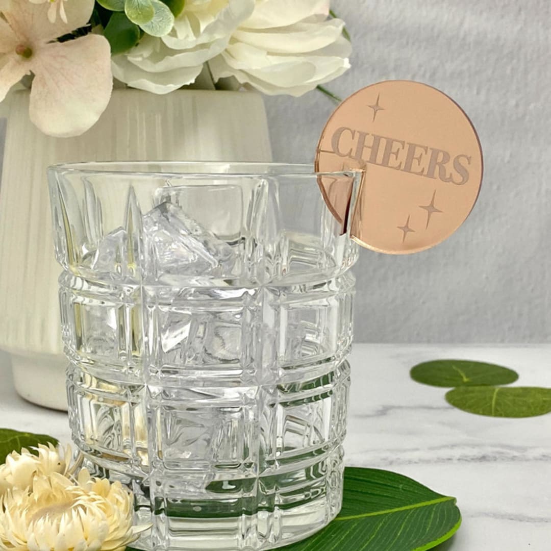 "Engraved "Cheers" Circle Stemless Stirs/Drink Charms - Rose Gold Mirror (Set of 10)" - Drink Tags and Charms in black by Atomic Kraftworks