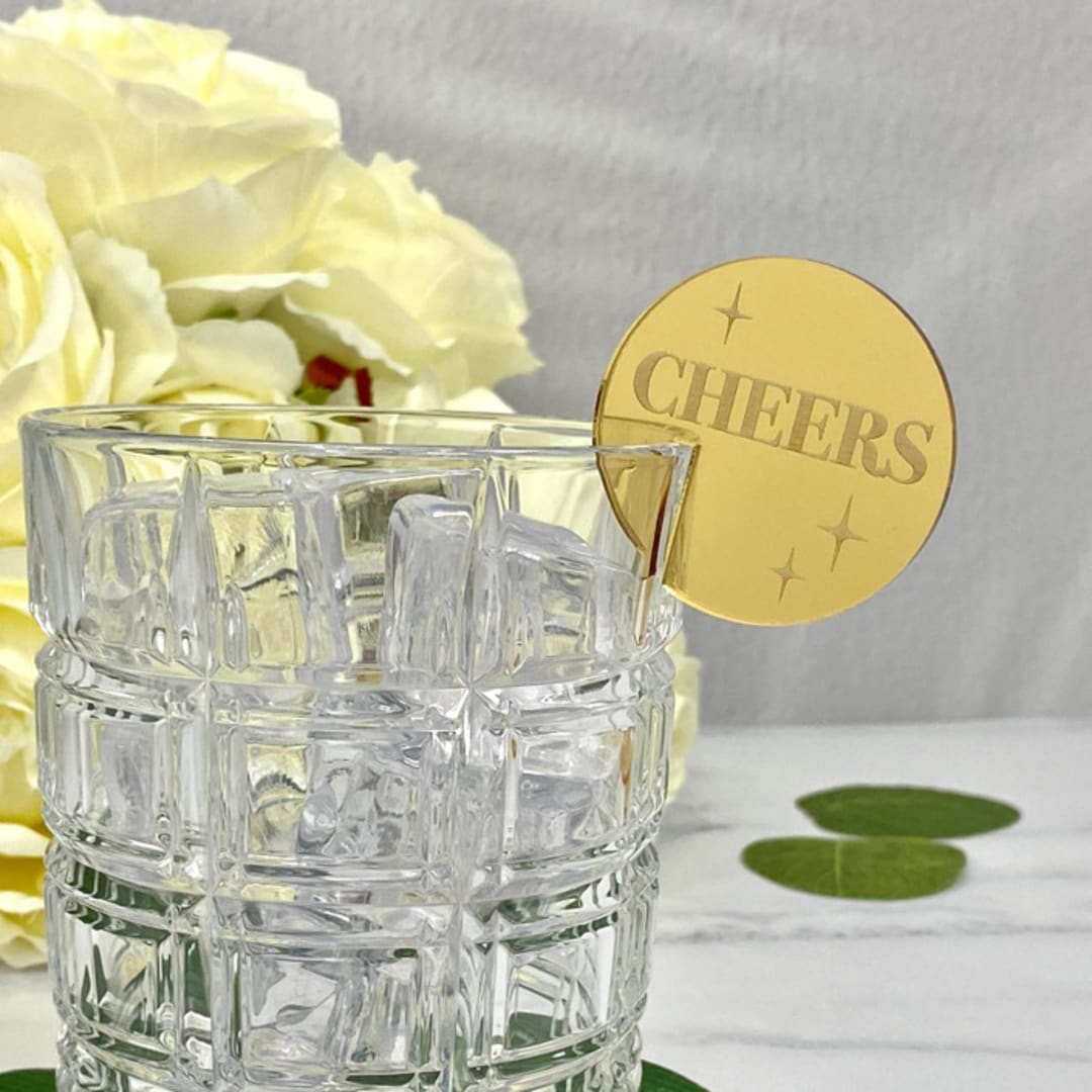 Engraved "Cheers" Circle Stemless Stirs/Drink Charms - Gold Mirror (Set of 10)