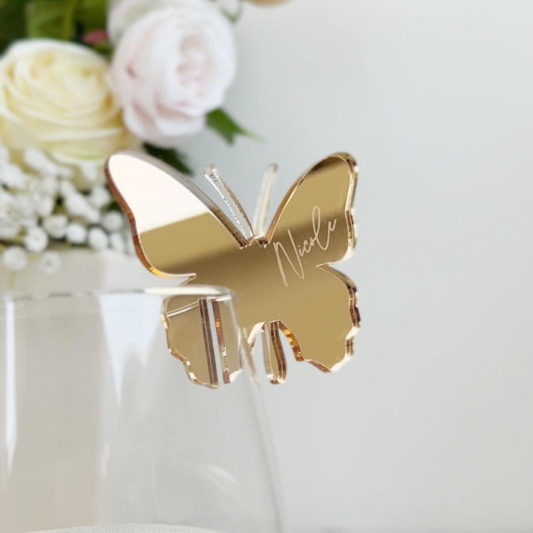 "Butterfly Drink Charms | Personalized Coctail Tags | Set of 20" - Drink Tags and Charms in gold by Self Stationery