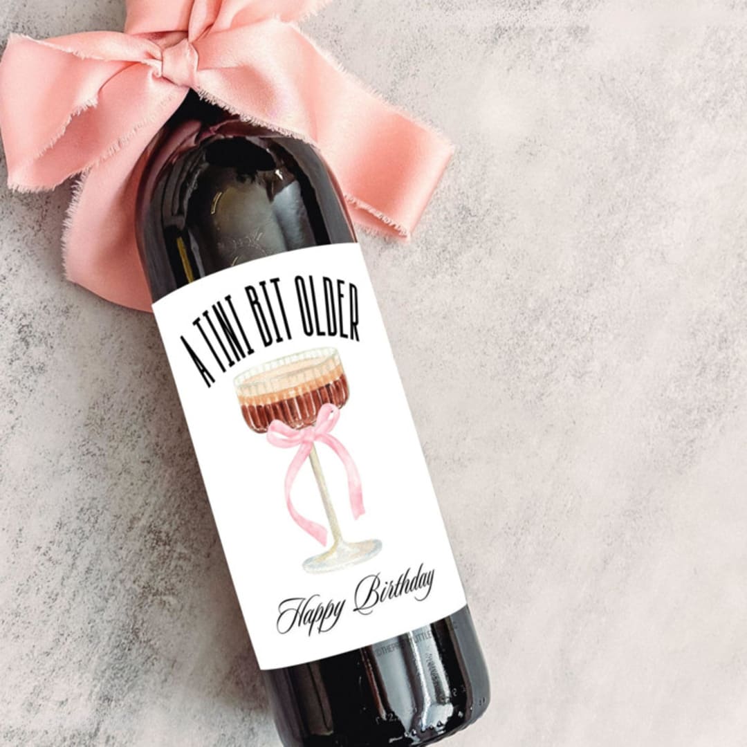 "Birthday Wine Label | A Tini Bit Older | Espresso Martini" - Drink Label in white by The Pretty Little Mess