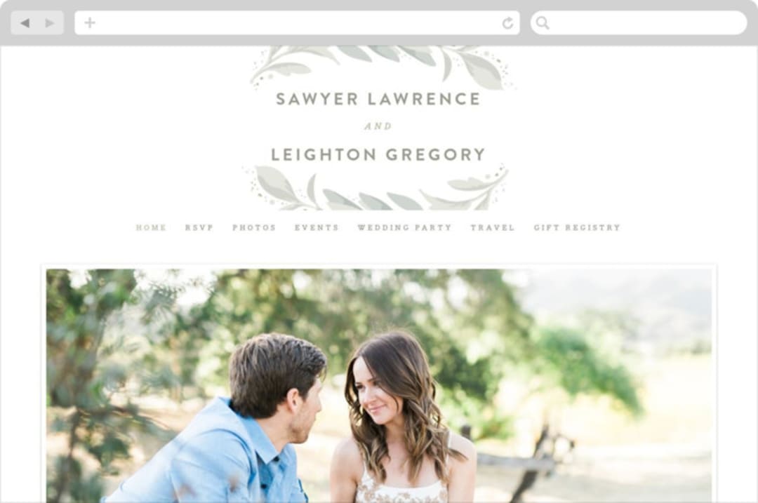 "Modern Wreath" - Wedding Website in Sage by Hooray Creative - Desktop Design
