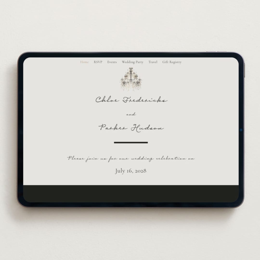 "Hand Illustrated Whimsical Chandelier" - Wedding Website in Noir by Jackie Crawford - Desktop Design