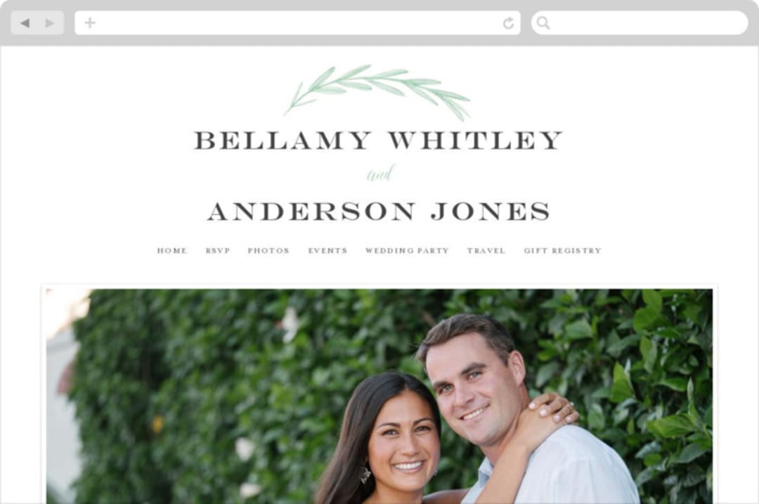 "Painted Leaves" - Wedding Website in Evergreen by Olivia Raufman - Desktop Design
