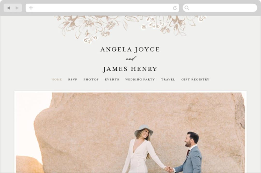 "Sketched Flora" - Wedding Website in Cream by Paper Raven Co. - Desktop Design
